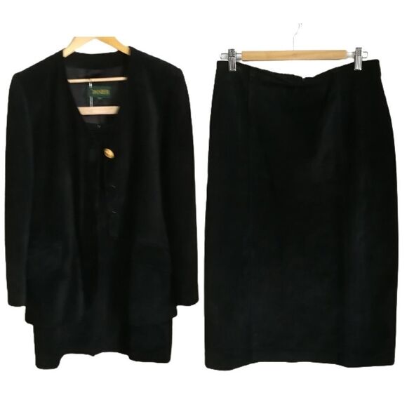 Vintage 80s Black Suede Leather Blazer & Knee Length Skirt 2 Piece Skirt Suit M - Picture 1 of 16